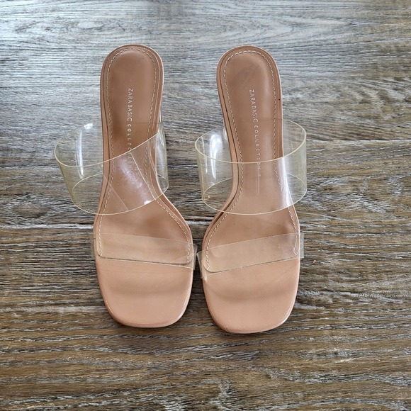 Zara Shoes - Zara Basic Collection Clear Vinyl Mule Sandals Tan Square Toe Block Heel EU 38